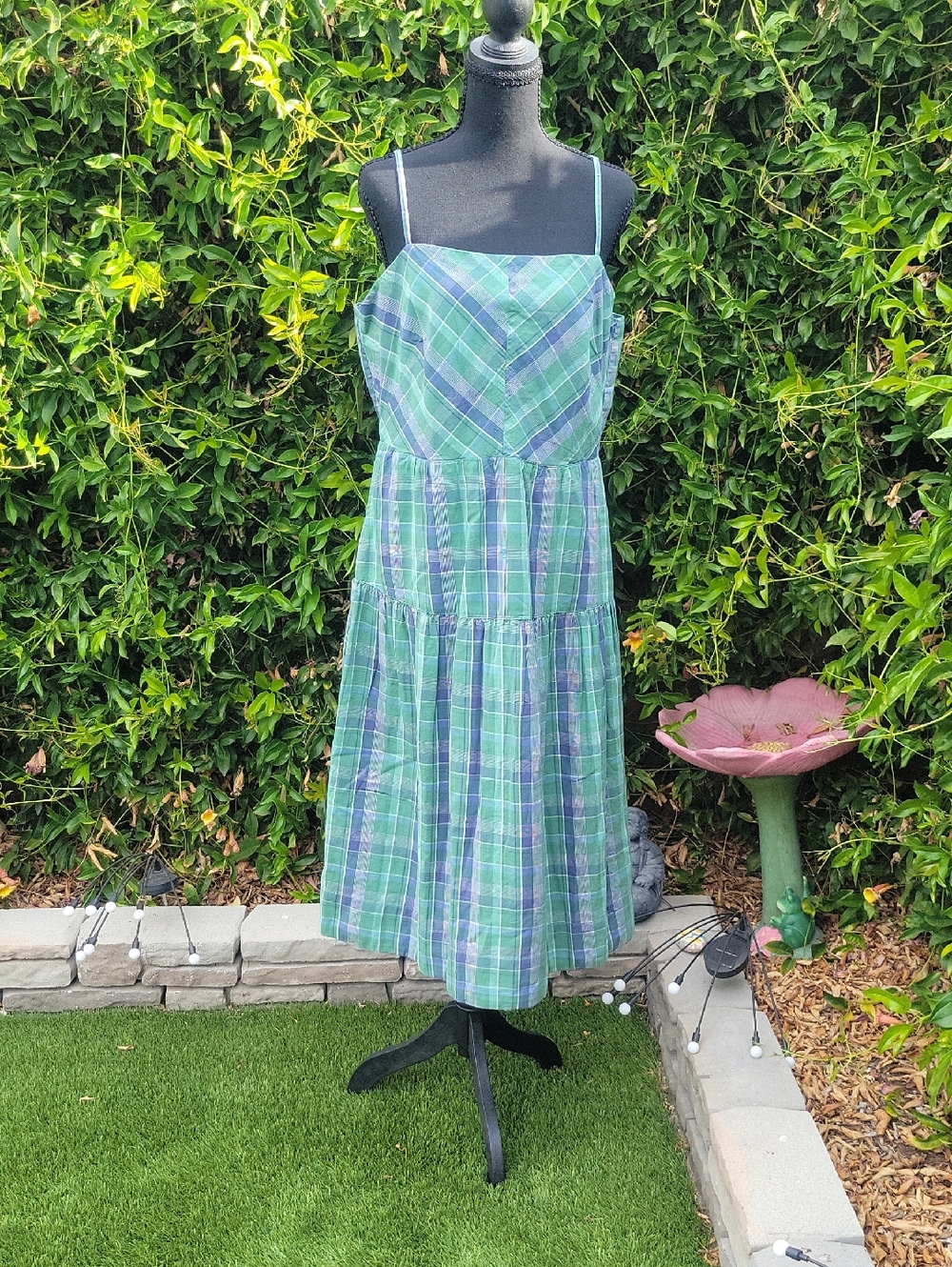 Green Plaid Bow Back Country Western Tiered Bottom Dress Sz L
